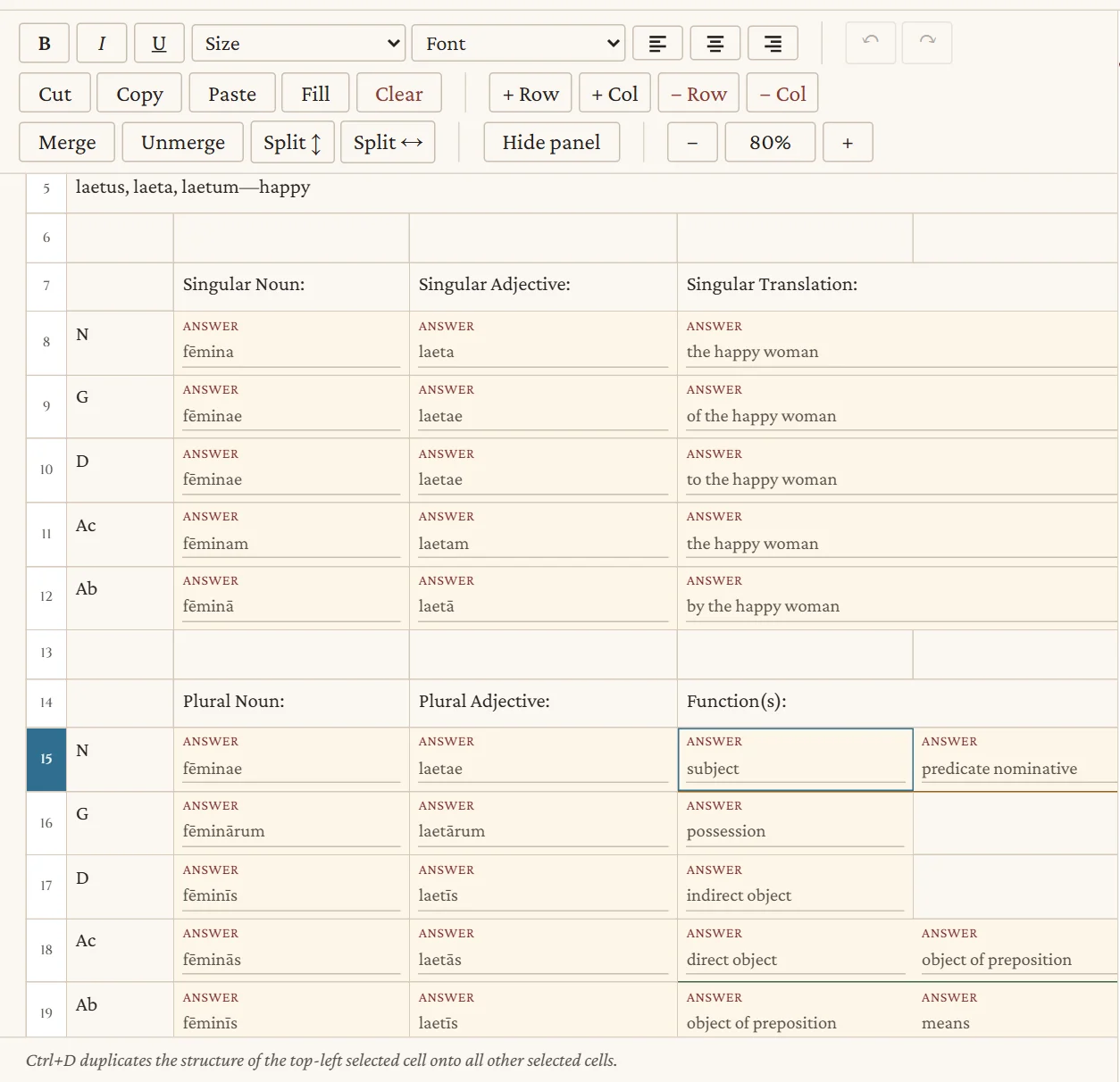 A noun-and-adjective chart in the builder: each blank shows its answer, and the two function blanks in the selected row are outlined together.
