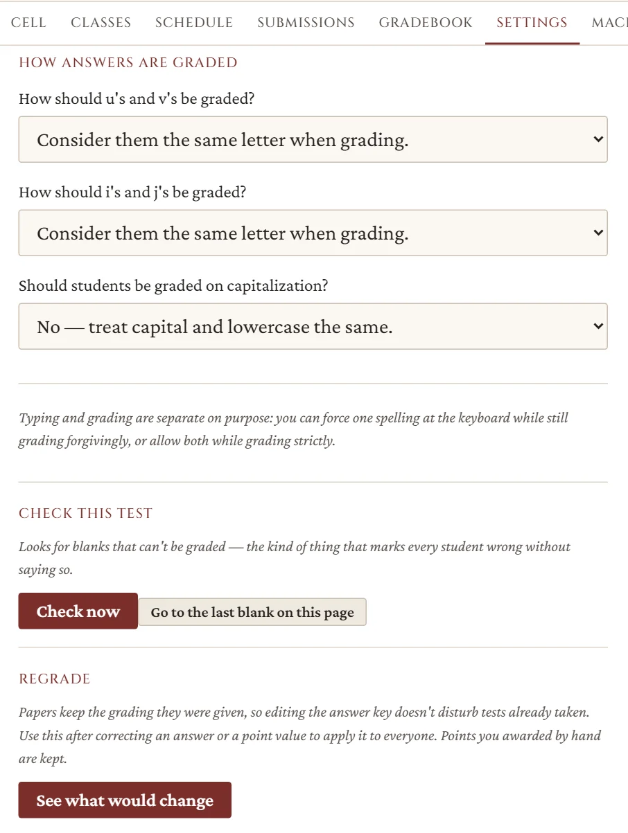 Test settings: how u and v, i and j, and capitals are graded, plus Check this test and Regrade buttons.