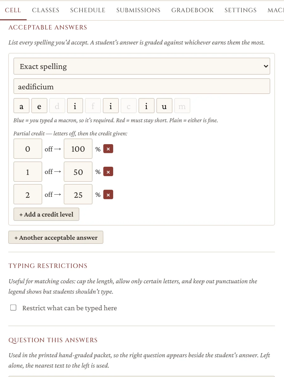 The answer aedificium with a three-level credit scale: zero letters off earns 100 percent, one letter off earns 50 percent, and two letters off earn 25 percent.