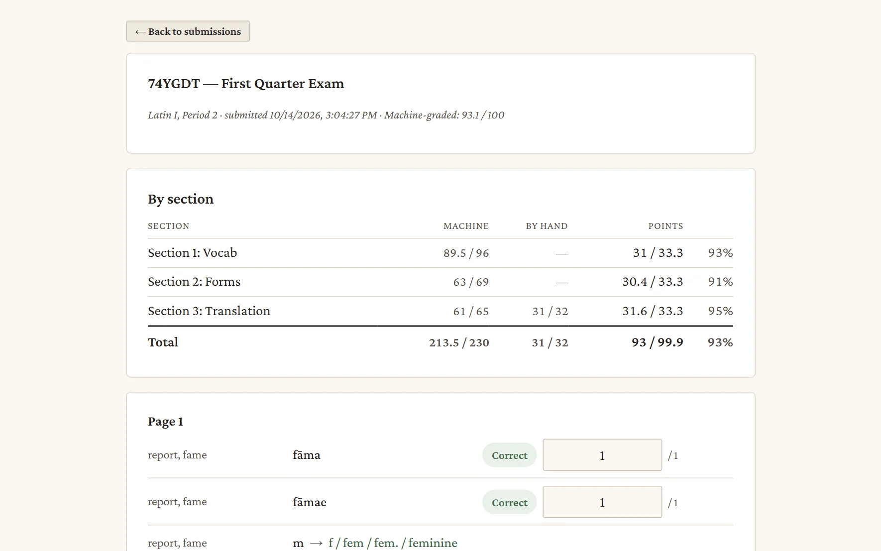 A graded paper: section totals first, then every answer beside the key.