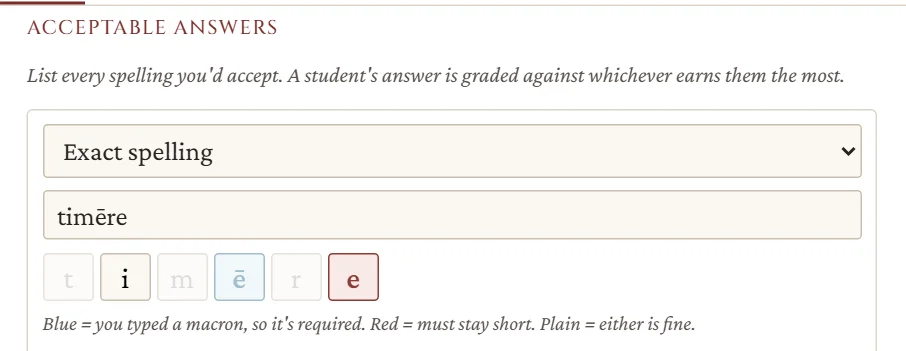 An answer key for the verb form timēre: each letter is a small tile, with the first e shaded blue (required), the last e shaded red (forbidden), and the i plain (ignored), above a legend explaining the colors.